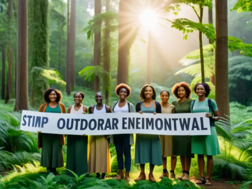 Un grupo de mujeres diversas, de pie en un frondoso bosque verde, vistiendo equipo para exteriores y sosteniendo carteles con consignas ambientales