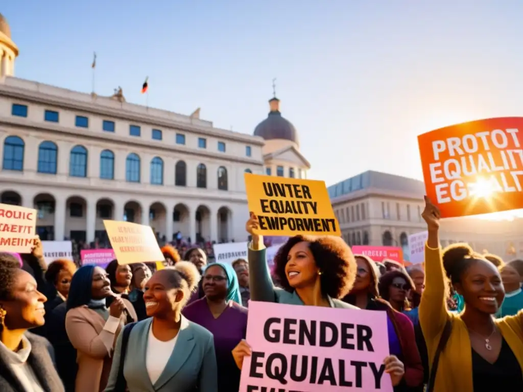 Un grupo de mujeres diversas se reúnen en una plaza pública sosteniendo pancartas coloridas con mensajes de empoderamiento femenino