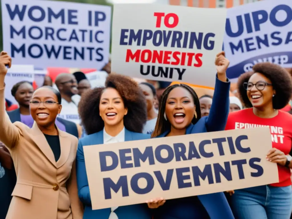 Un grupo de mujeres diversas en un rally, mostrando mensajes de empoderamiento en apoyo a movimientos democráticos