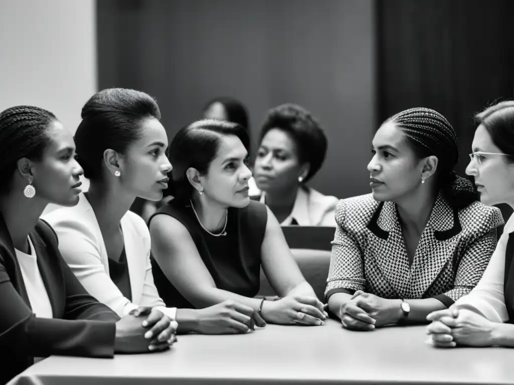 Grupo de mujeres diversas reunidas en una mesa, profundamente comprometidas en una conversación, reflejando determinación y enfoque