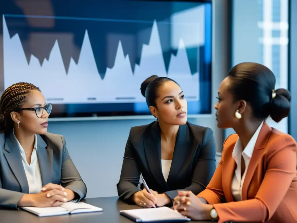 Un grupo de mujeres diversas en una reunión de negocios, mostrando determinación y frustración en sus rostros