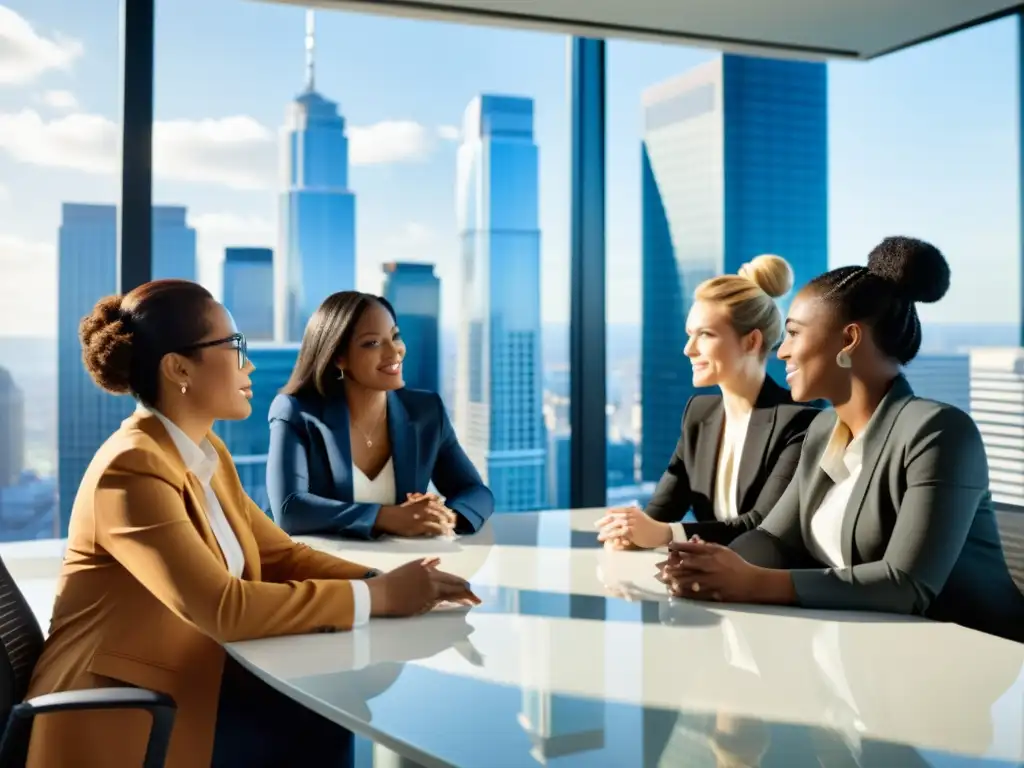 Un grupo de mujeres diversas, seguras y determinadas, colaborando en un proyecto en una oficina moderna