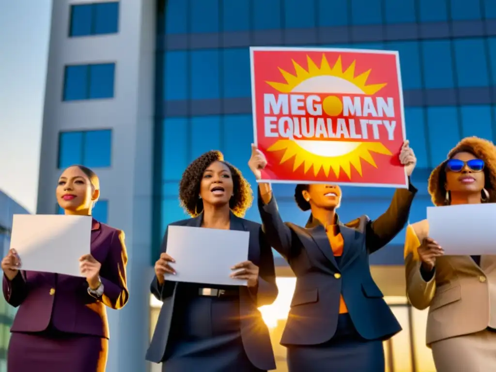 Un grupo de mujeres diversas en uniformes y equipo de seguridad, liderando una lucha por la igualdad de género en entornos laborales