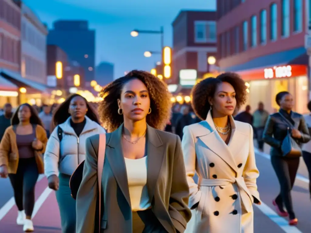 Grupo de mujeres empoderadas caminando juntas en la ciudad al anochecer, desafiando el efecto del acoso callejero en mujeres