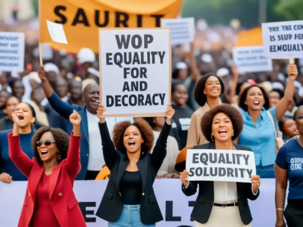 Grupo de mujeres empoderadas liderando movimientos democráticos con impacto y determinación