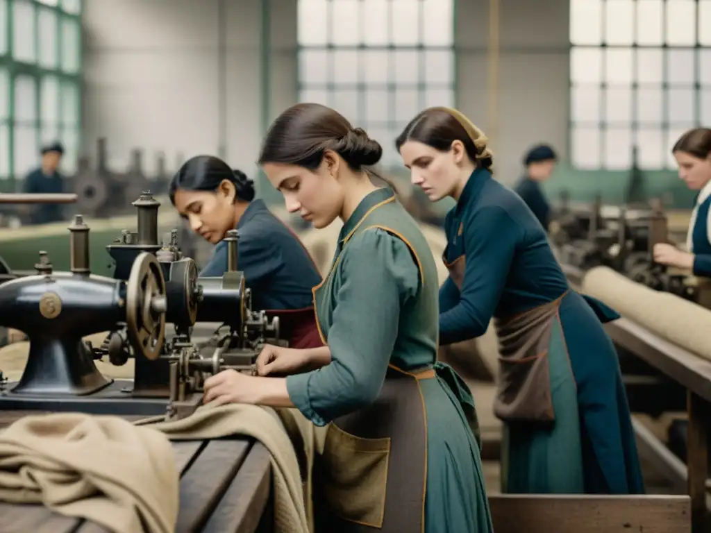 Grupo de mujeres trabajando en fábrica durante la revolución industrial, reflejando las duras condiciones de trabajo