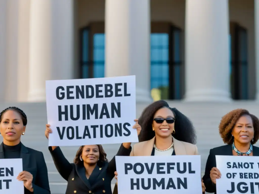 Grupo de mujeres unidas frente a un edificio gubernamental, sosteniendo pancartas sobre violaciones de derechos humanos de género