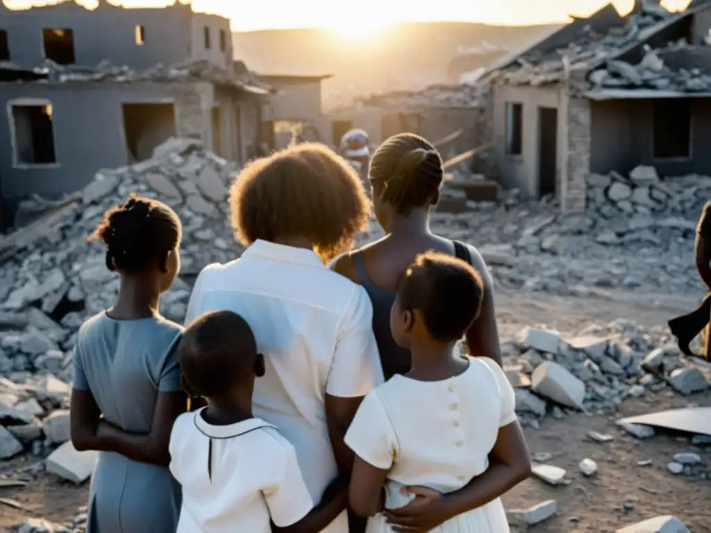 Grupo de mujeres fuertes y valientes en zona de conflicto, mostrando determinación y resistencia