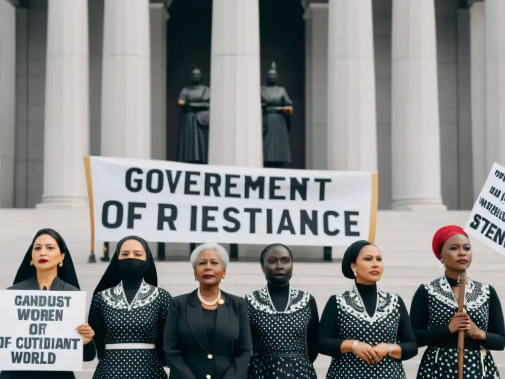 Grupo de mujeres fuertes con vestimenta tradicional frente a edificio gubernamental, mostrando resistencia femenina contra regímenes autoritarios