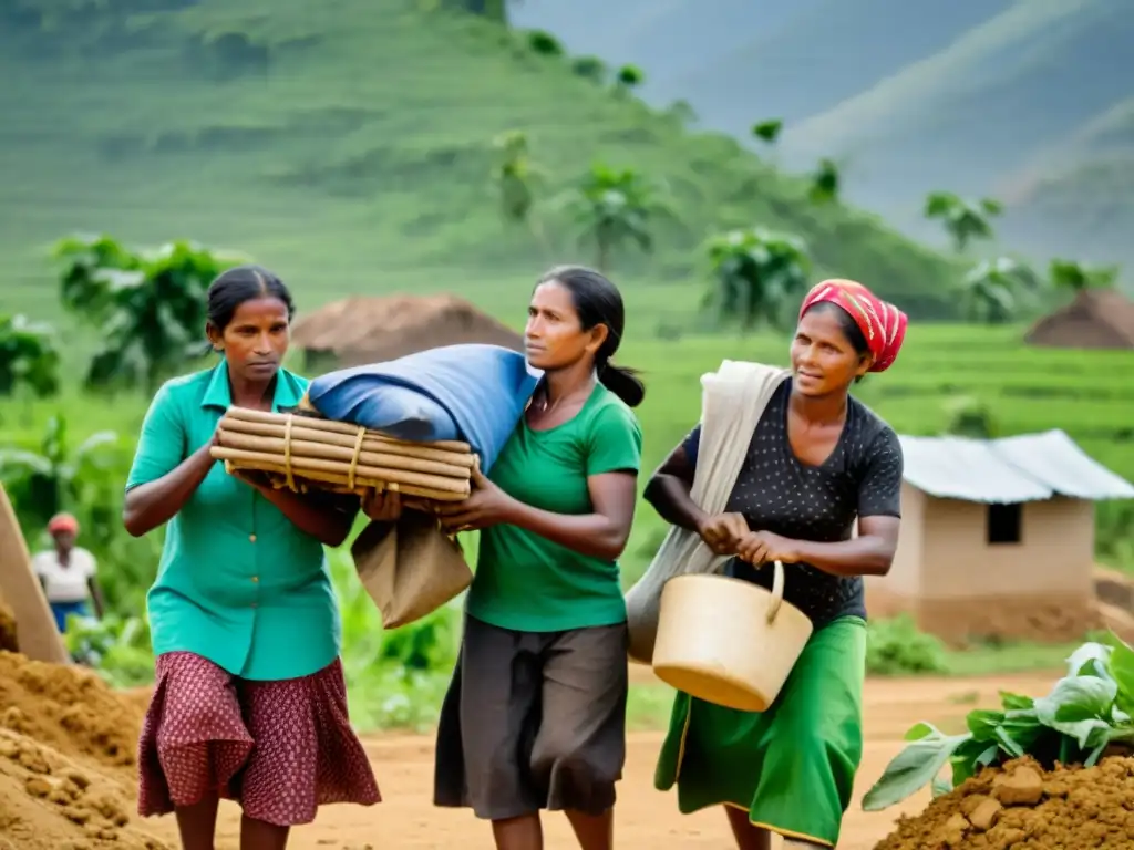 Grupo de mujeres reconstruyendo sus hogares tras desastre natural, evidenciando el efecto de la crisis climática en los derechos humanos