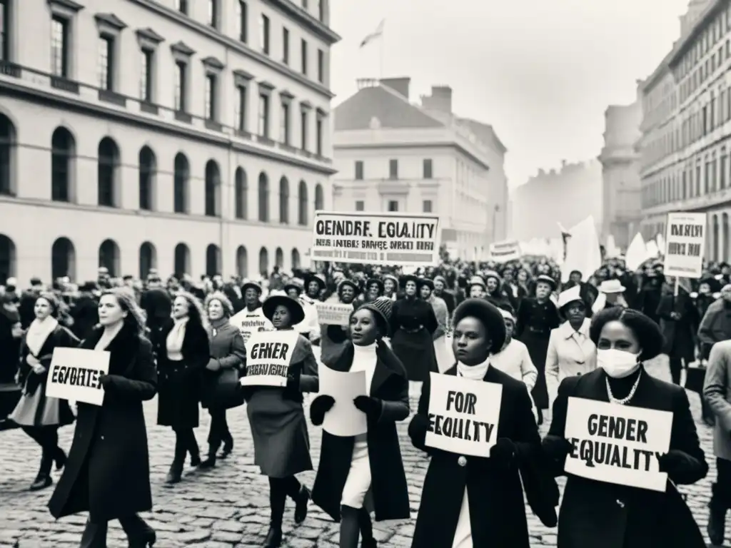 Grupo de mujeres marchando por la igualdad de género en la historia, con determinación y unidad en sus expresiones