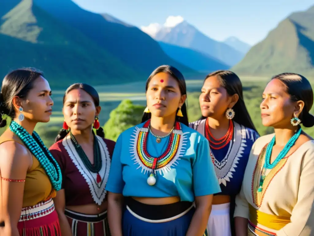 Indígenas unidas: fortaleza y tradición Grupo de mujeres indígenas unidas en activismo y derechos, vistiendo trajes tradicionales entre exuberante naturaleza y montañas
