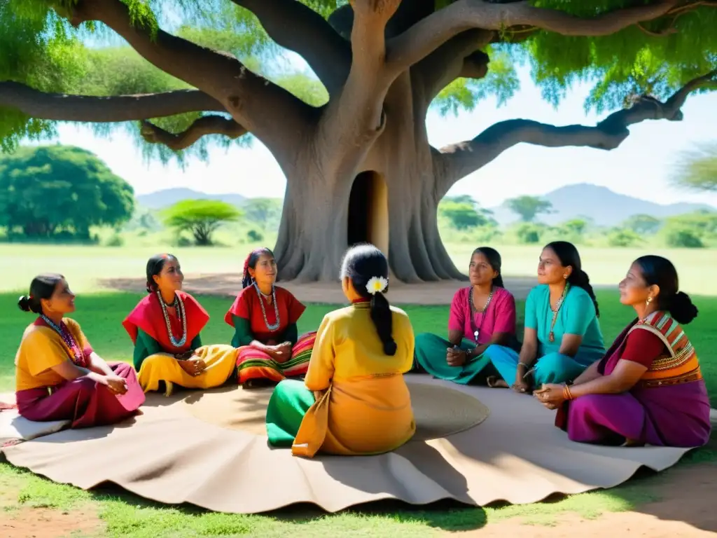 Un grupo de mujeres indígenas se reúne bajo un árbol, vistiendo coloridos trajes tradicionales, mientras una de ellas habla apasionadamente