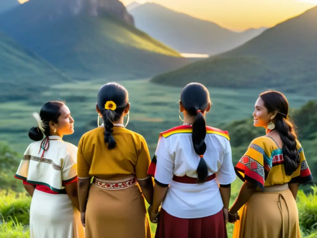 Mujeres indígenas unidas: fuerza y determinación al atardecer Un grupo de mujeres indígenas en círculo, unidas mirando al horizonte con determinación al atardecer