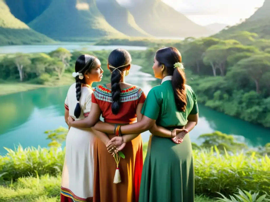 Grupo de mujeres indígenas en círculo, unidas y determinadas, frente a un paisaje exuberante