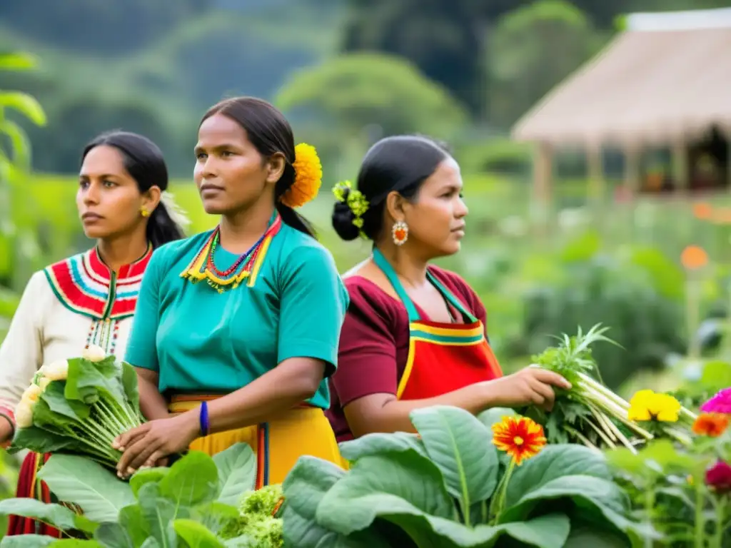 Un grupo de mujeres indígenas en un jardín comunitario, cultivando la tierra con técnicas ecoamigables