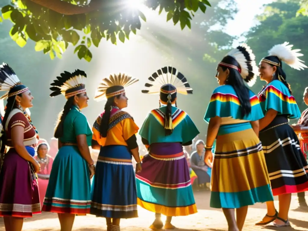 Grupo de mujeres indígenas en danza ceremonial con indumentaria tradicional como expresión cultural, rodeadas de naturaleza exuberante