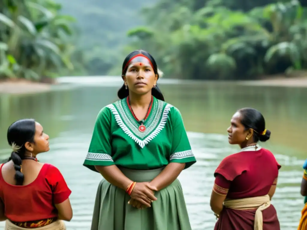 Grupo de mujeres indígenas defensoras de derechos humanos protegen su tierra y recursos en un río, con un bosque verde al fondo