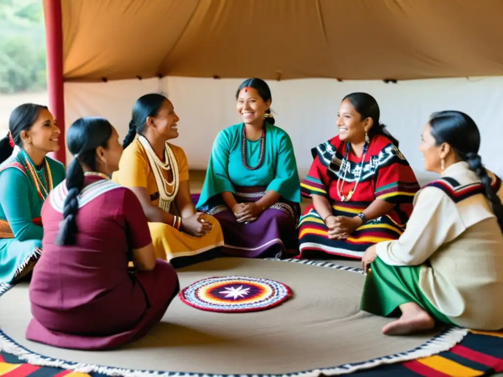 Grupo de mujeres indígenas empoderadas compartiendo sabiduría y tradiciones en su comunidad, reflejando el papel de la mujer indígena