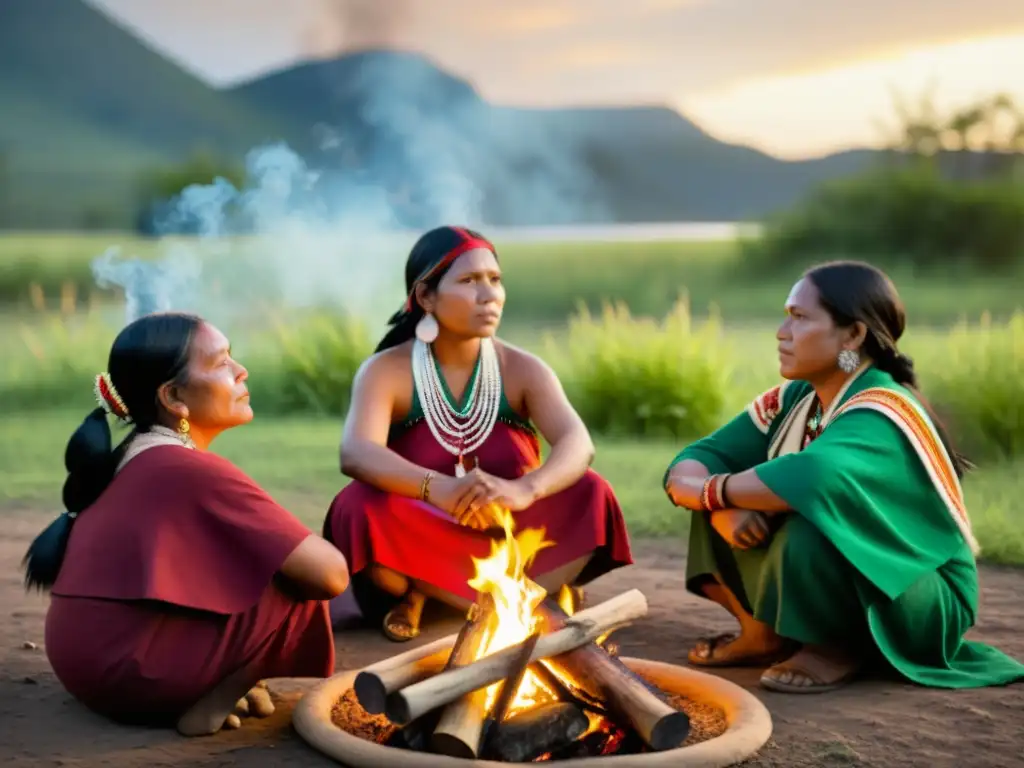 Un grupo de mujeres indígenas se reúnen alrededor del fuego en una ceremonia tradicional, exudando fuerza y unidad comunitaria