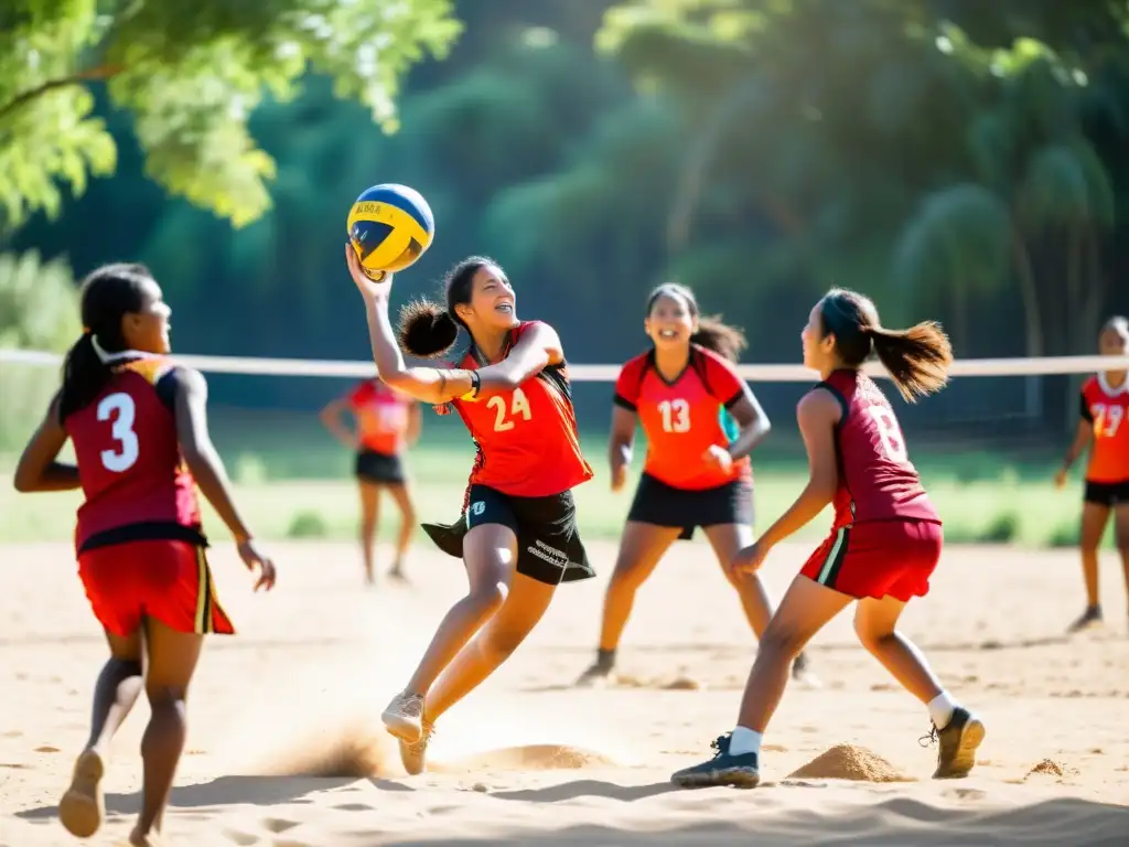 Grupo de mujeres indígenas y niños jugando voleibol en un claro polvoriento, rodeado de exuberante vegetación