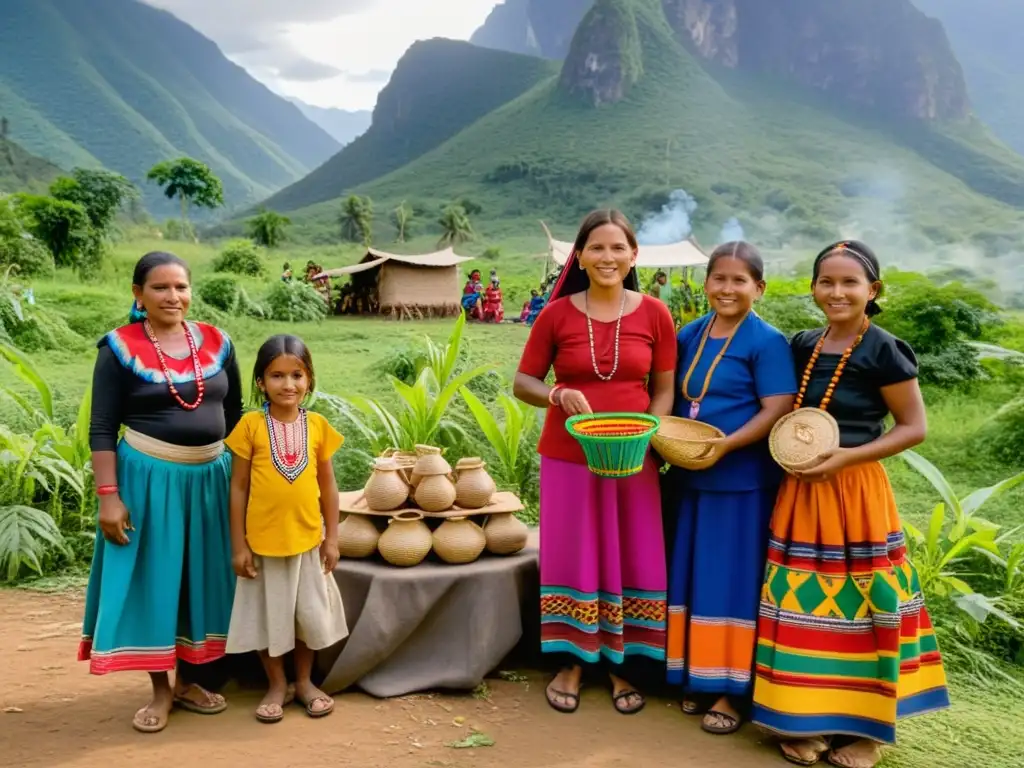 Grupo de mujeres indígenas y niños en una comunidad, mostrando resiliencia y belleza en zonas de conflicto menos conocidas