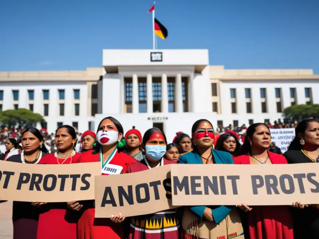 Indígenas poderosas protestan por sus derechos Grupo de mujeres indígenas con pancartas de activismo frente a un edificio gubernamental, enérgicas y decididas, representando el activismo indígena y derechos de las mujeres