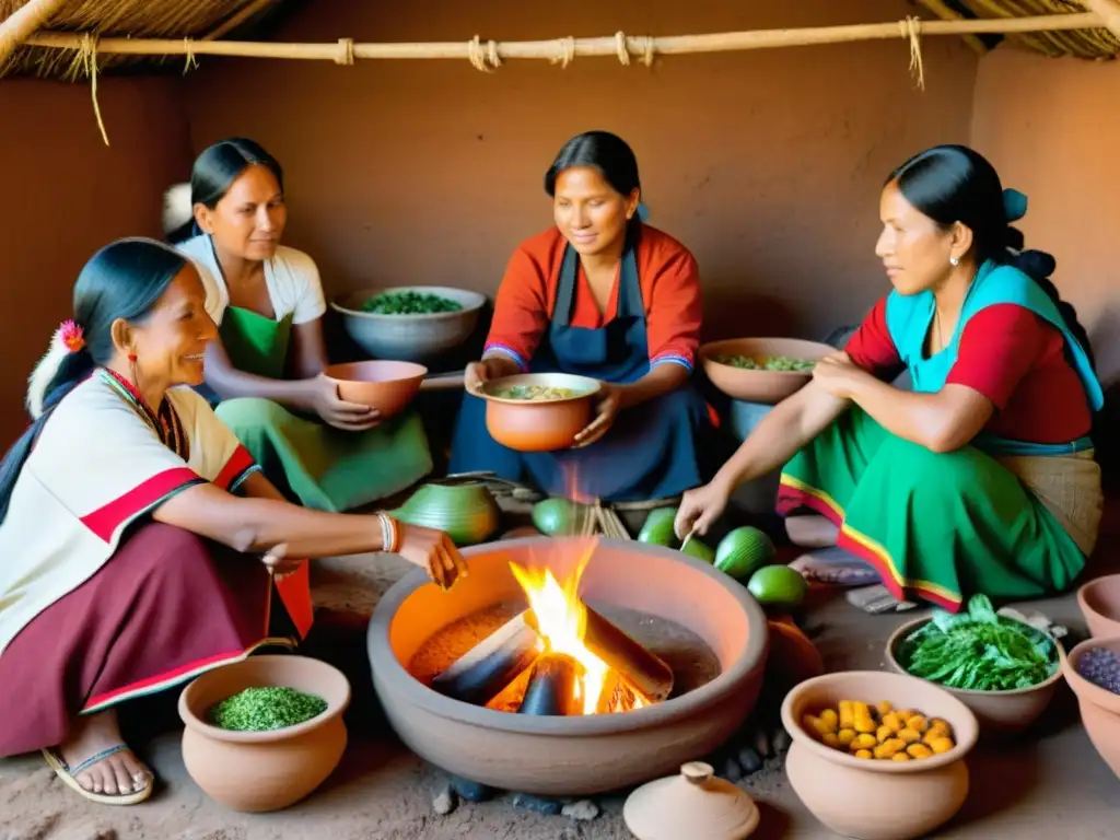 Un grupo de mujeres indígenas cocina platos tradicionales alrededor de una fogata, celebrando los Derechos culturales gastronomía tradicional