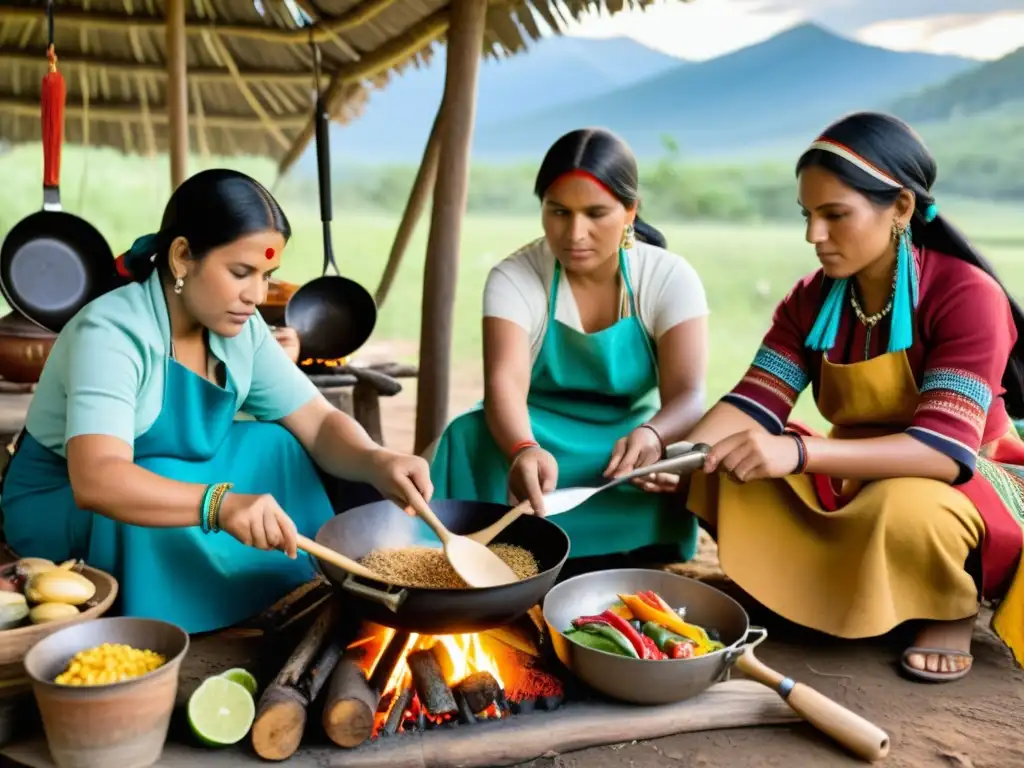 Un grupo de mujeres indígenas cocina platos tradicionales sobre fuego, rodeadas de ingredientes y utensilios