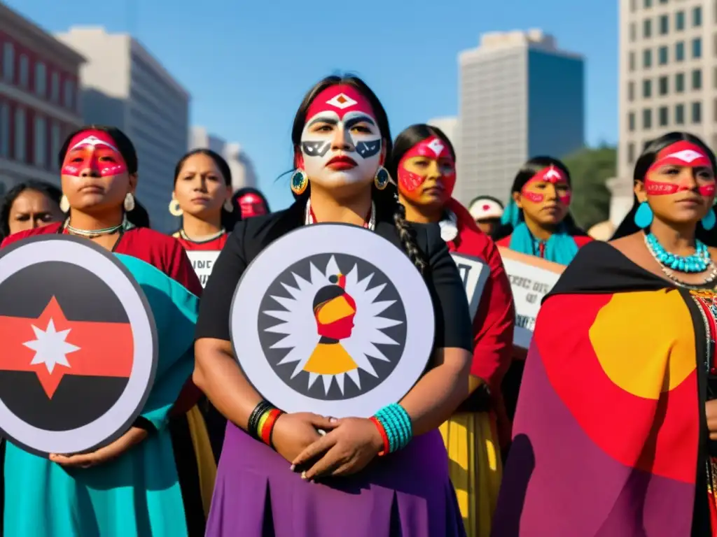 Marcha indígena: Mujeres empoderadas luchan por sus derechos Grupo de mujeres indígenas en protesta, con atuendos tradicionales y pancartas, luchando por activismo indígena y derechos de las mujeres
