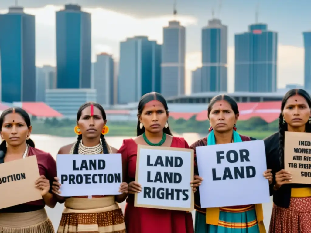 Un grupo de mujeres indígenas en protesta, mostrando determinación y resistencia contra el impacto del neoliberalismo en los derechos humanos globales