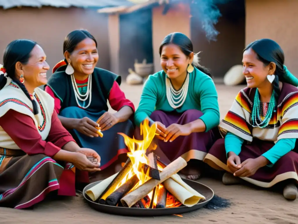 Grupo de mujeres indígenas reunidas alrededor del fuego, destacando el papel de la mujer indígena en su comunidad