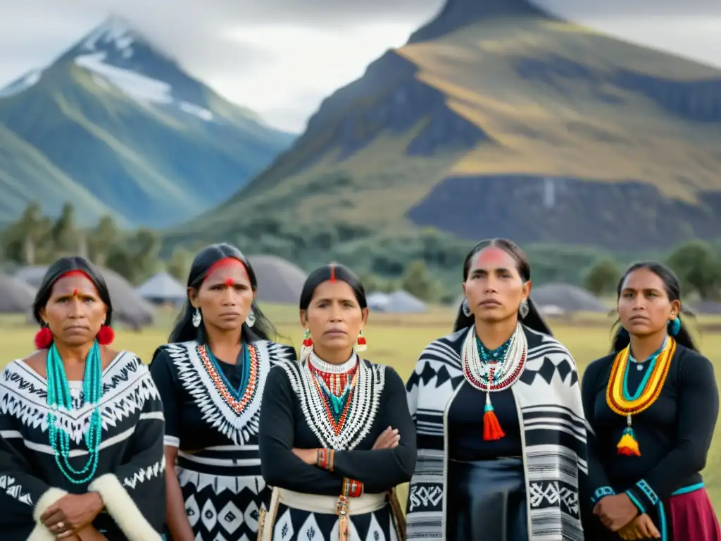 Un grupo de mujeres indígenas en ropa tradicional, con expresiones serias que reflejan la lucha por sus derechos