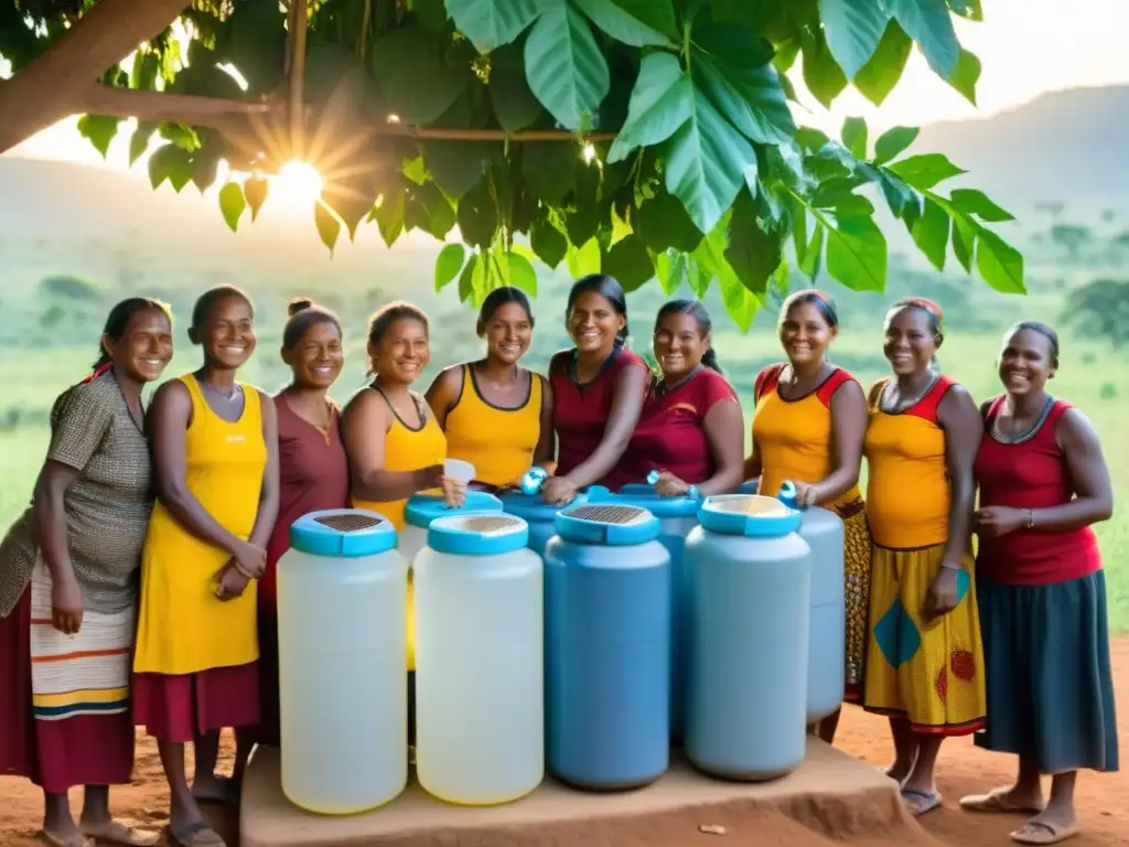 Grupo de mujeres indígenas sonrientes, llenando recipientes con agua limpia de un sistema de filtración solar