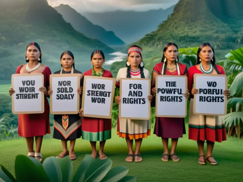 Un grupo de mujeres indígenas vistiendo trajes tradicionales, sosteniendo carteles que defienden los derechos humanos mujeres indígenas defendiendo, rodeadas de exuberante vegetación, mostrando determinación y solidaridad