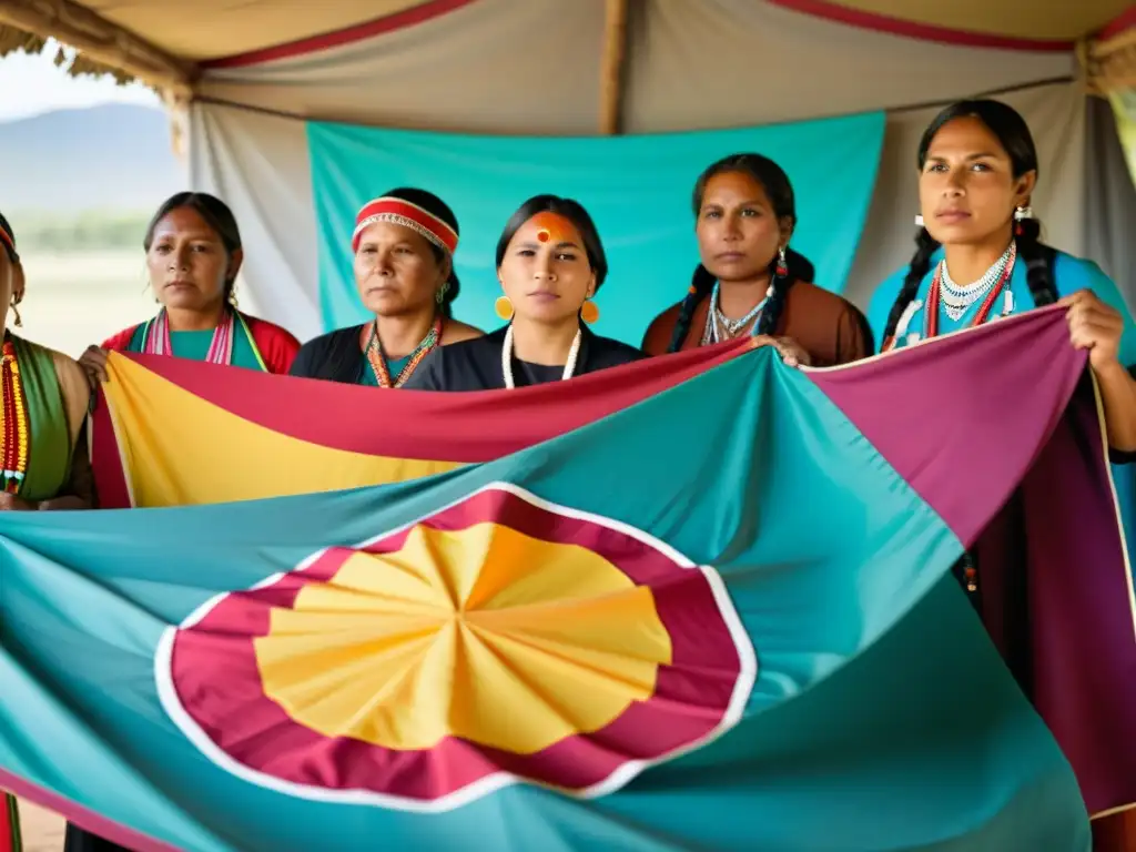 Un grupo de mujeres indígenas, vestidas con atuendos tradicionales, sostienen pancartas con mensajes empoderadores, en un entorno natural