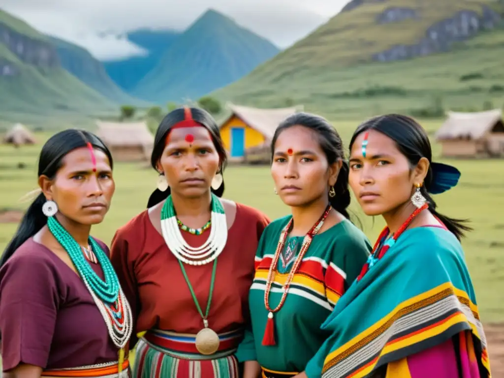 Un grupo de mujeres indígenas en vestimenta tradicional, unidas en fuerza y resistencia en su lucha por los derechos humanos