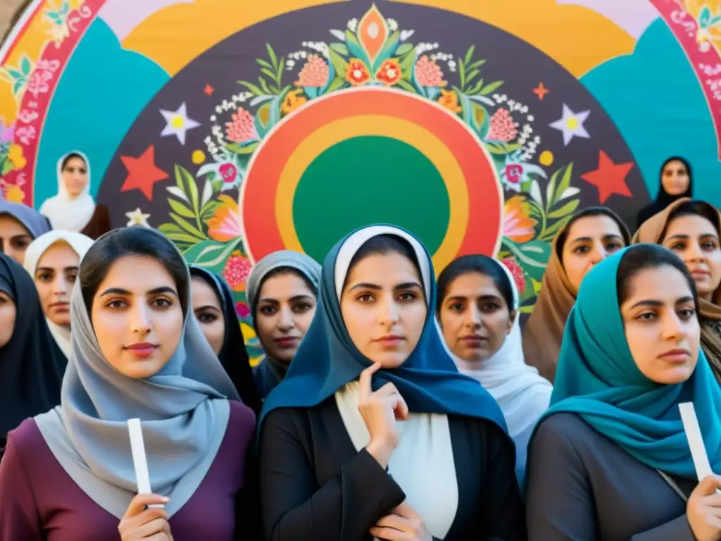 Un grupo de mujeres iraníes desafía género en mural de resistencia, unidas y decididas al atardecer