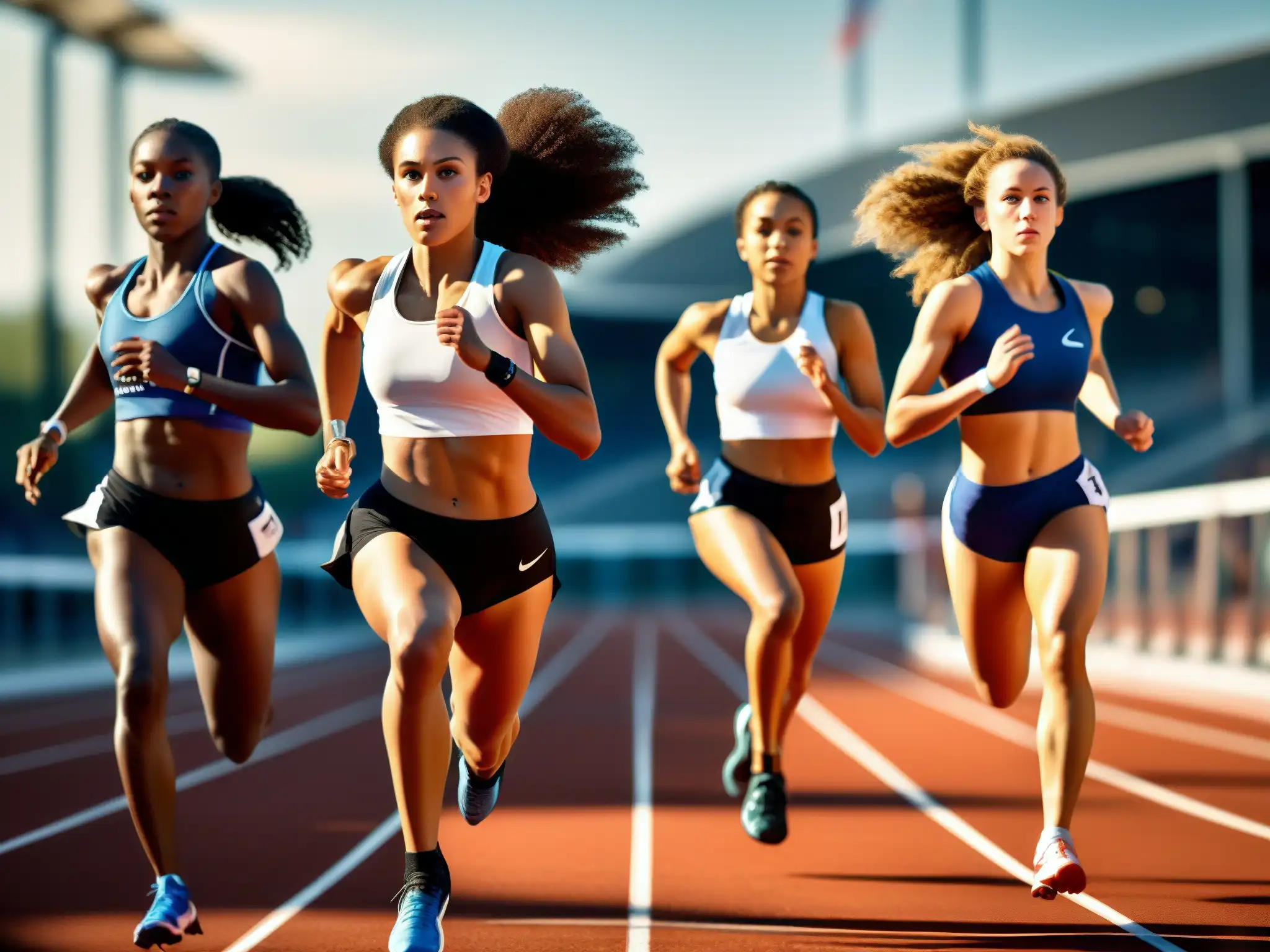 Un grupo de mujeres jóvenes y determinadas corriendo en una pista, con expresiones enfocadas y zancadas fuertes y poderosas