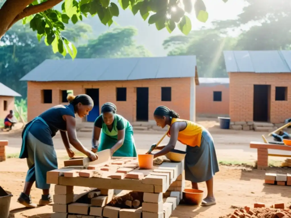 Grupo de mujeres trabajando juntas en la reconstrucción postconflicto