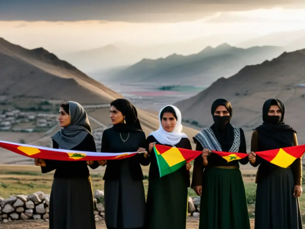 Un grupo de mujeres kurdas con determinación sosteniendo banderas, con montañas al fondo