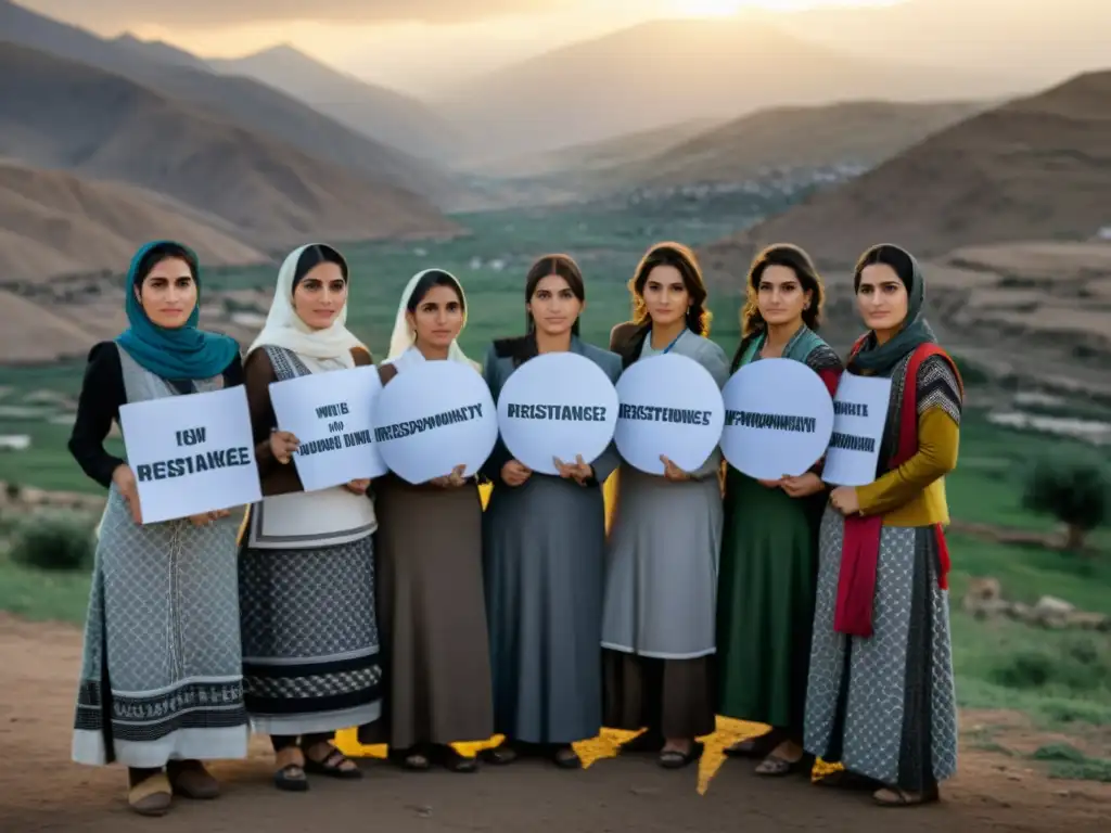 Grupo de mujeres kurdas con carteles de resistencia, vistiendo trajes tradicionales, en un paisaje montañoso