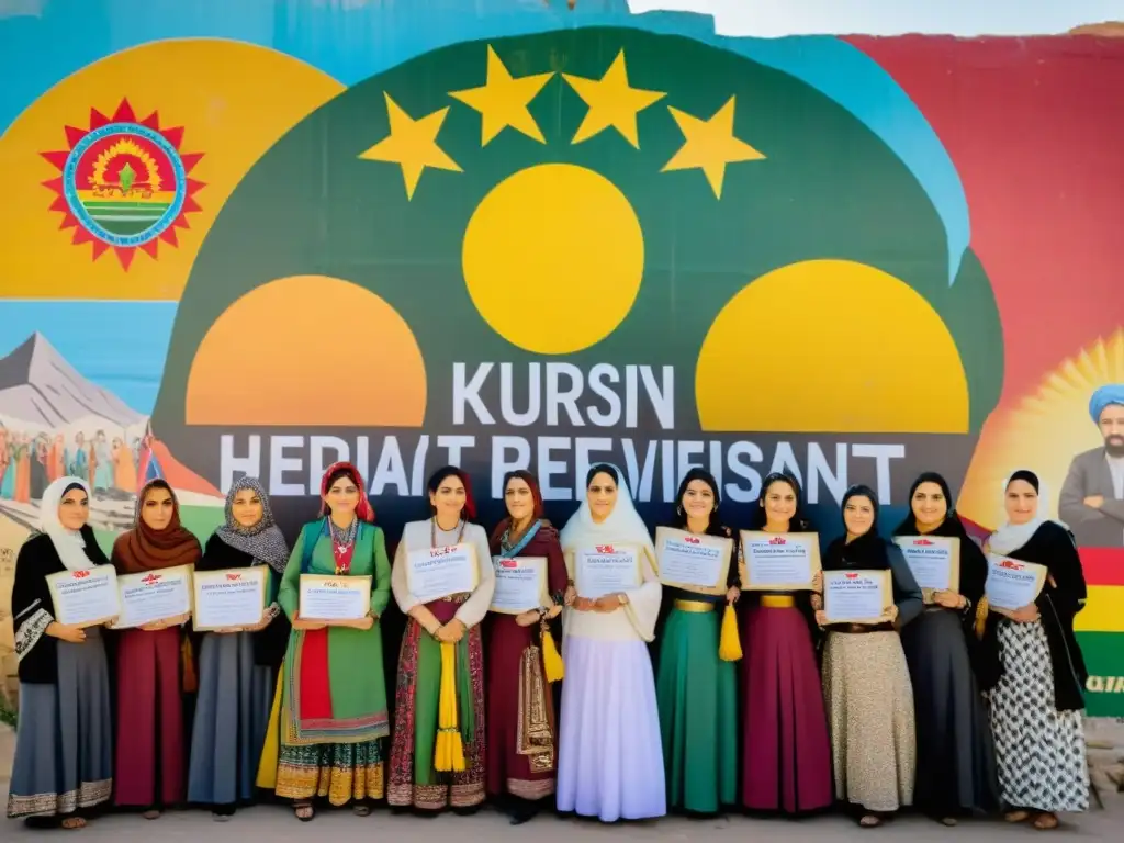 Grupo de mujeres kurdas en ropa tradicional frente a mural de resistencia y empoderamiento, simbolizando la lucha por los derechos humanos