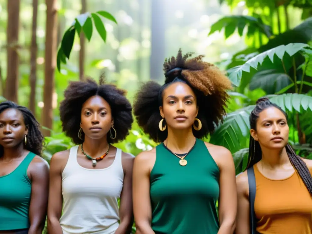 Grupo de mujeres líderes en movimientos ambientales, unidas en la naturaleza, con herramientas de activismo y joyería natural