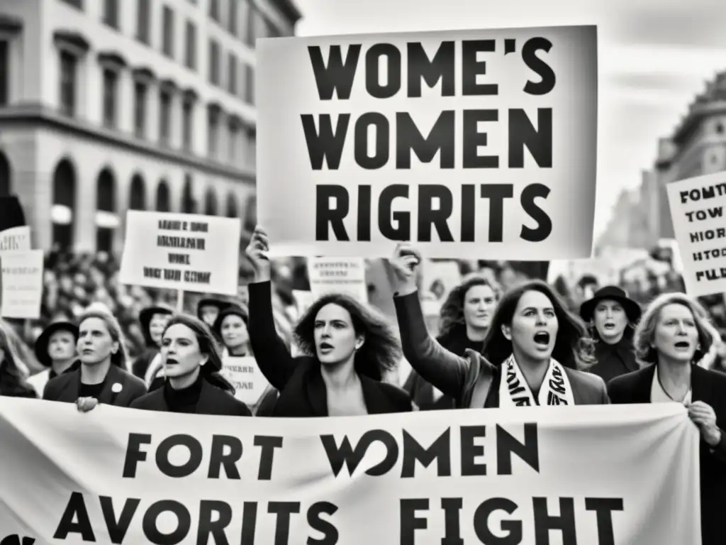 Grupo de mujeres en marcha histórica por los derechos de la mujer, representando roles de la mujer en la historia con pancartas y determinación