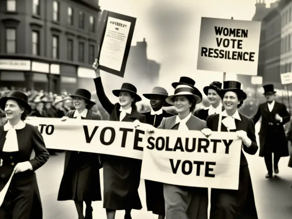 Grupo de mujeres en marcha por la igualdad de género en la historia, unidas y determinadas en desfile de sufragistas del siglo XX