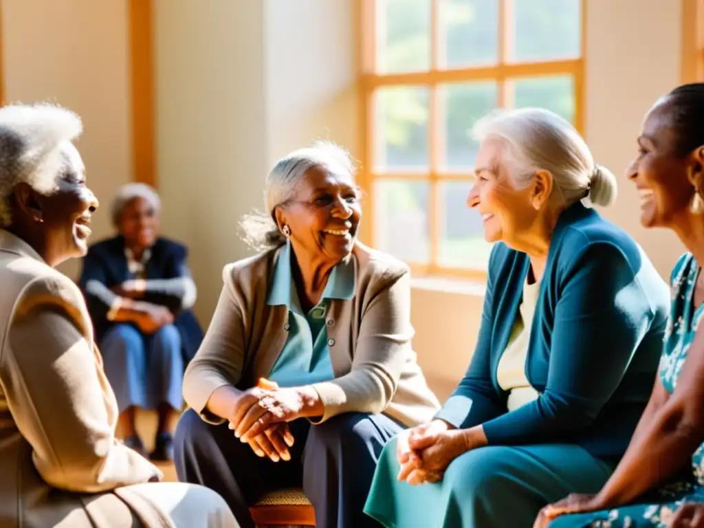 Grupo de mujeres mayores en círculo, compartiendo historias y apoyo en un centro comunitario