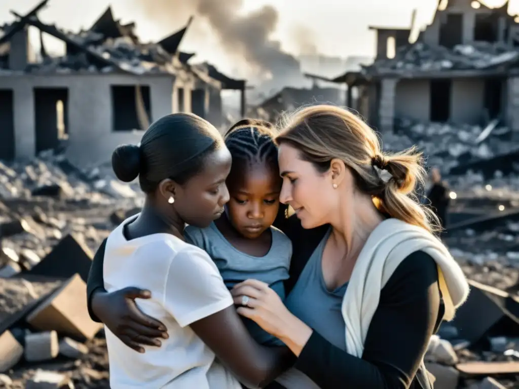 Un grupo de mujeres se apoyan mutuamente en medio de la devastación de una zona de guerra, mostrando el impacto de las guerras en mujeres