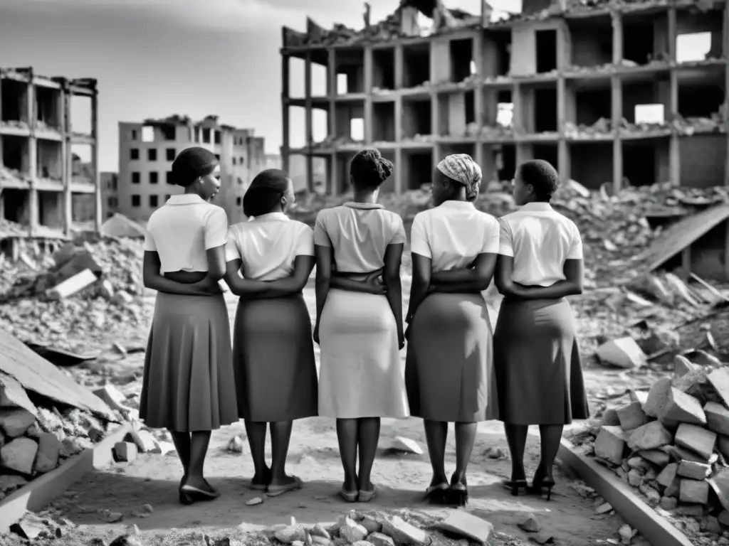 Grupo de mujeres en medio de escombros, mostrando determinación y solidaridad ante la violencia sexual en zonas de conflicto