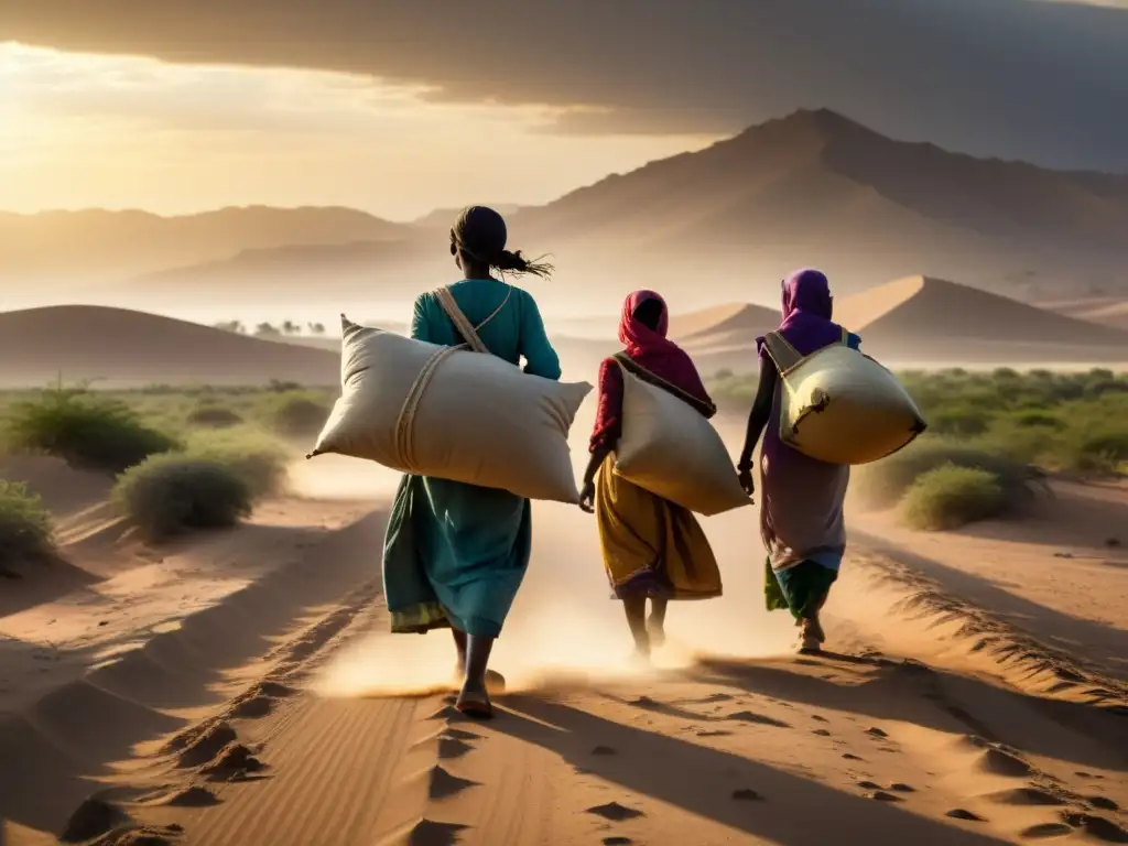 Grupo de mujeres migrantes caminando por un camino polvoriento, llevando sus pertenencias